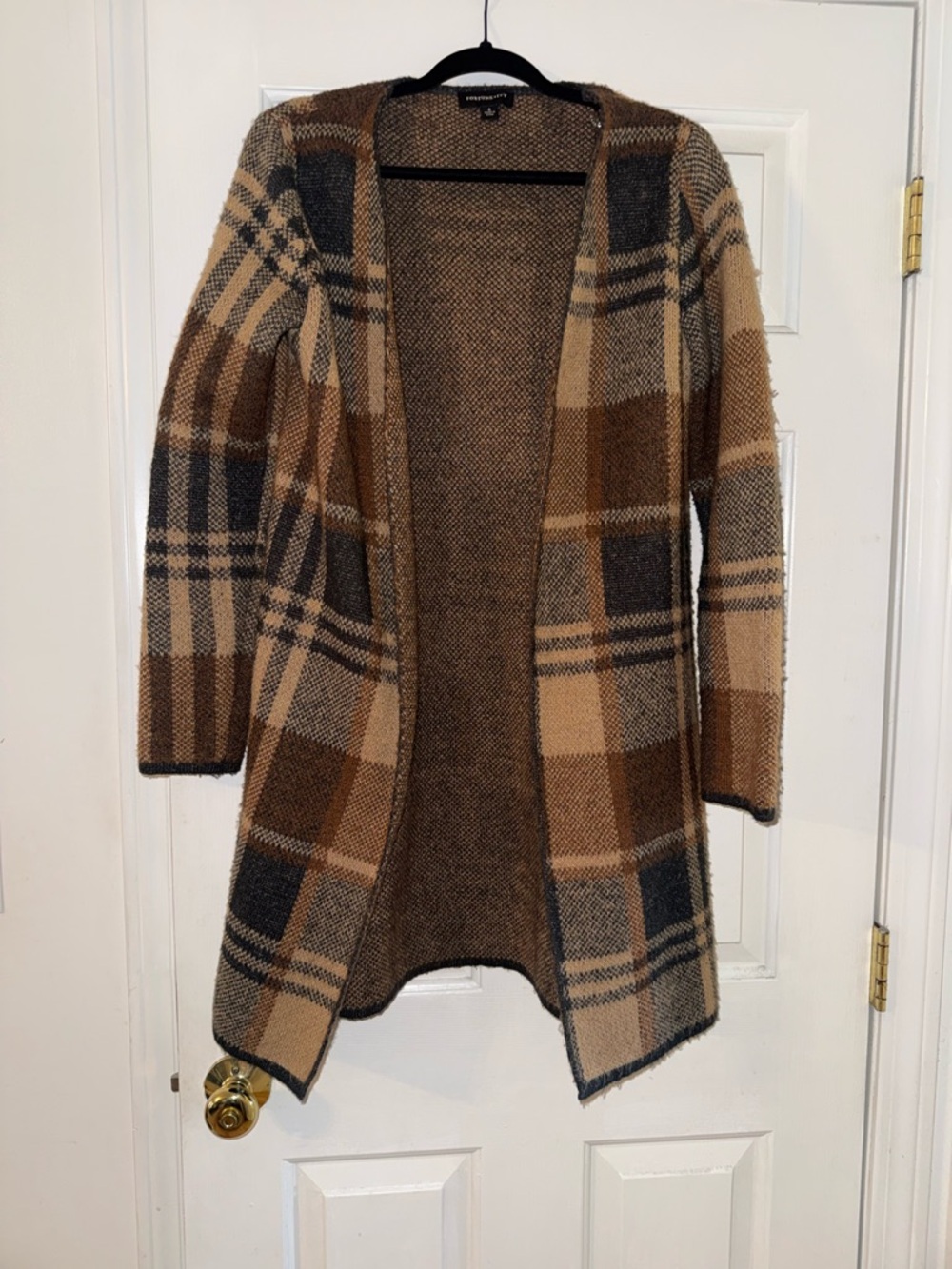 Fortune + Ivy Plaid Open-Front Cardigan - Brown & Tan